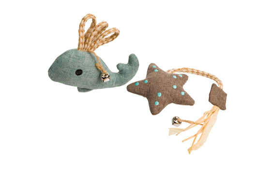 Paquete de 2 juguetes ecológicos para gatos con forma de estrella de mar y ballena